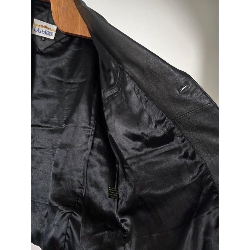 L.A. Leather Blazer Jacket Mens 46 Black Genuine Leather Two Button Coat Vintage - Picture 9 of 10